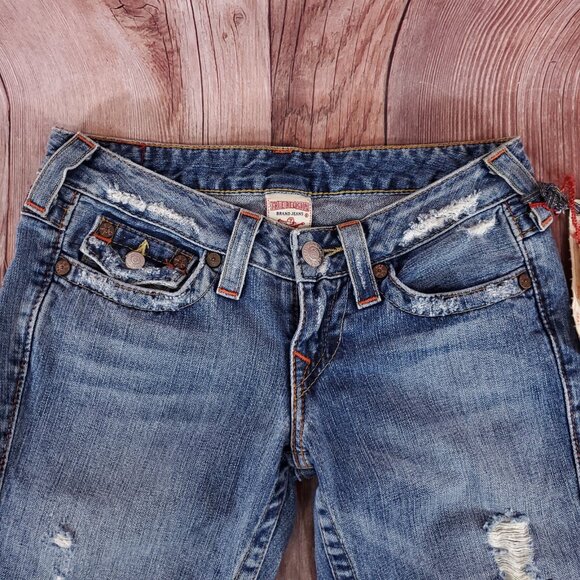 NWT True Religion Womens Size 26 Joey Row Seat Flap Flare Distressed Denim Jeans - Picture 6 of 15